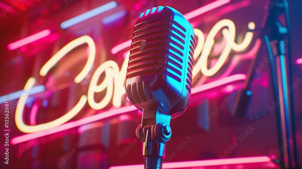 Fototapeta premium Laughter in the Limelight: Stage Microphone Beside Neon Comedy Sign