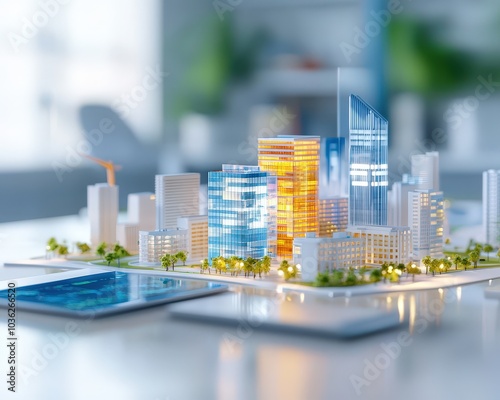 Modern Cityscape Model with Skyscrapers and Technology photo