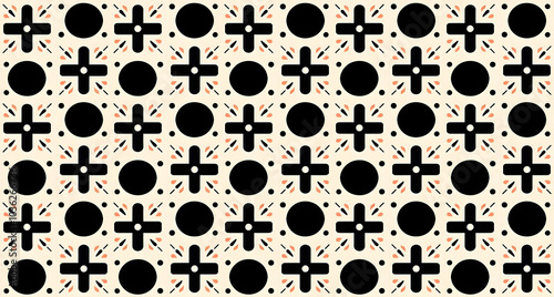 Bold Contrast Plus & Circle Grid – A structured geometric seamless pattern featuring black plus signs and circles on a neutral background