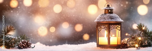 Christmas Lantern With Decoration On Snow Table - Snowy Candle Light And Abstract Defocused Landscape , ai