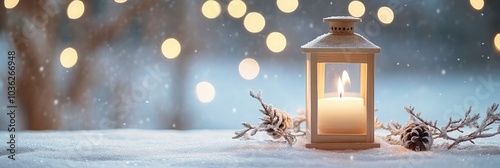 Christmas Lantern With Decoration On Snow Table - Snowy Candle Light And Abstract Defocused Landscape , ai