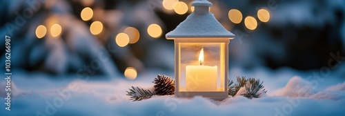 Christmas Lantern With Decoration On Snow Table - Snowy Candle Light And Abstract Defocused Landscape , ai