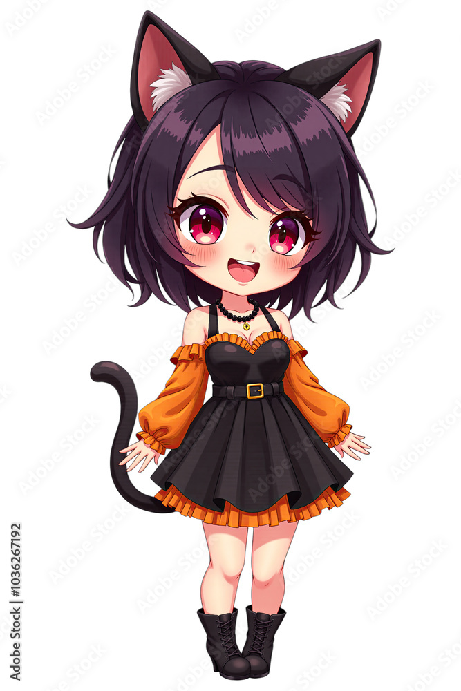 Chibi Catgirl in Halloween-Themed Dress with Black and Orange Chibi Catgirl in Halloween-Themed Dress with Black and Orange