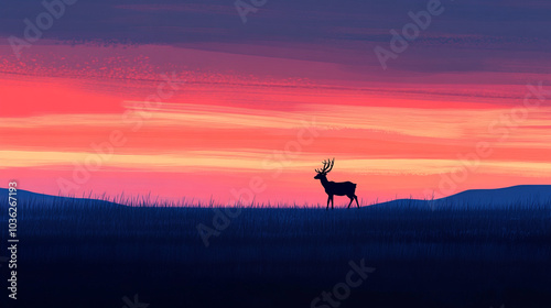 Deer Silhouette at Sunset Over Grassland