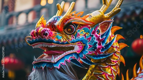 An exquisite Chinese dragon head costume featuring intricate designs and vibrant colors with detailed scales and whiskers symbolizing cultural significance in celebrations and folklore