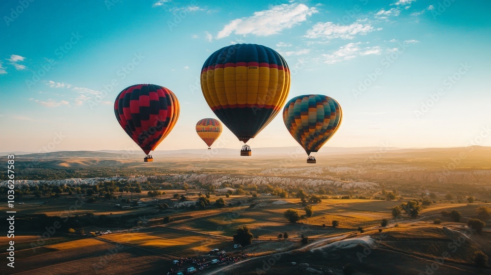 Naklejka premium A drone shot of a hot air balloon festival, with colorful balloons rising into the sky against a backdrop of a wide-open landscape.