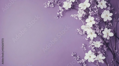 bouquet of white flowers and branches, creative botanical background of purple color, frame, space for text