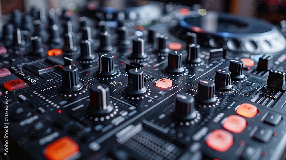 A close-up view of a DJ mixer with various knobs and buttons for sound control. A close-up view of a DJ mixer with various knobs and buttons for sound control.