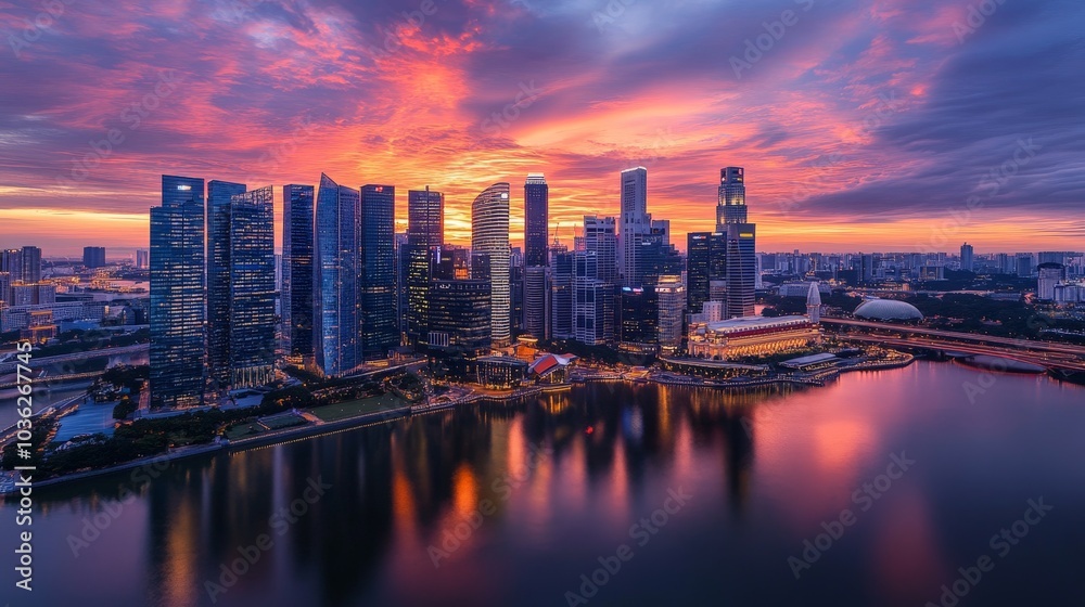 A drone shot of a modern city skyline at dusk, with reflections of skyscrapers shimmering on a nearby river and the sky painted in warm tones of orange and pink. A drone shot of a modern city skyline at dusk, with reflections of skyscrapers shimmering on a nearby river and the sky painted in warm tones of orange and pink.