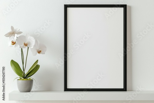 A black framed white picture sits on a shelf next to a potted orchid