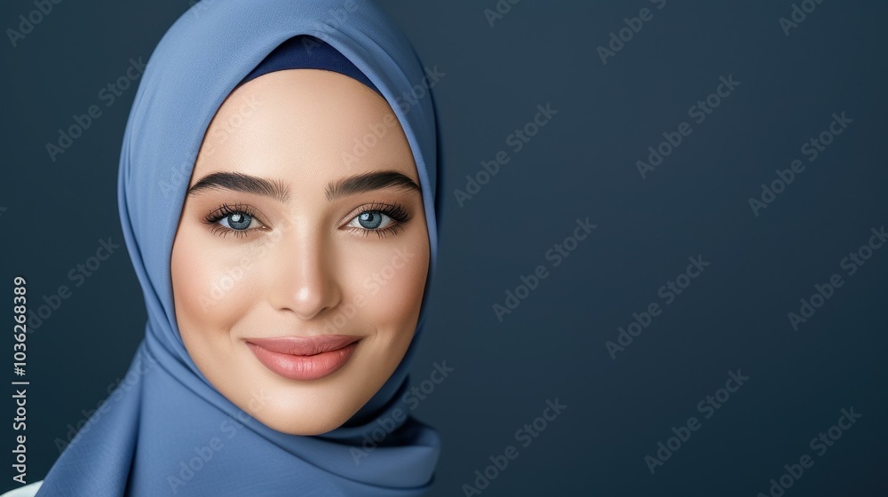 A stunning Muslim woman poses elegantly in a hijab, showcasing grace against a sleek black backdrop in a photo studio setting. A stunning Muslim woman poses elegantly in a hijab, showcasing grace against a sleek black backdrop in a photo studio setting.
