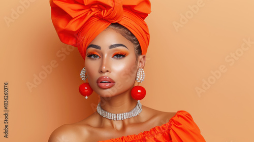 Stunning closeup of a fantasythemed African woman, elegantly adorned, showcasing professional makeup and captivating jewelry. photo