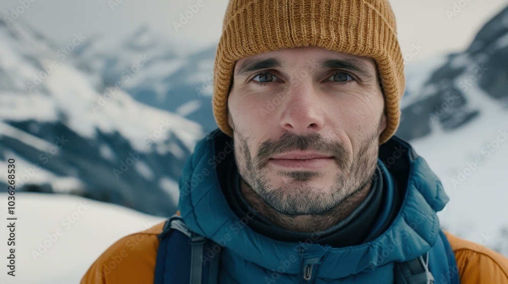 A handsome hiker captures the moment with a selfie amidst breathtaking mountain scenery. Adventure awaits