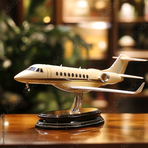 Luxury private jet model on display with elegant background decor and soft lighting photo