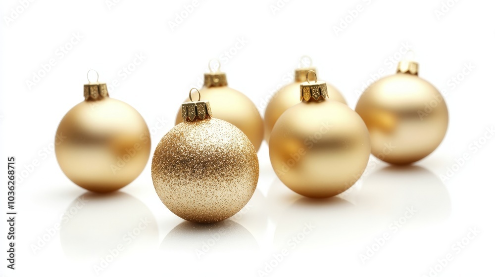 A few glittering golden baubles, some with smooth surfaces and others with a matte finish, isolated on a white background, with subtle reflections and shadows. A few glittering golden baubles, some with smooth surfaces and others with a matte finish, isolated on a white background, with subtle reflections and shadows.