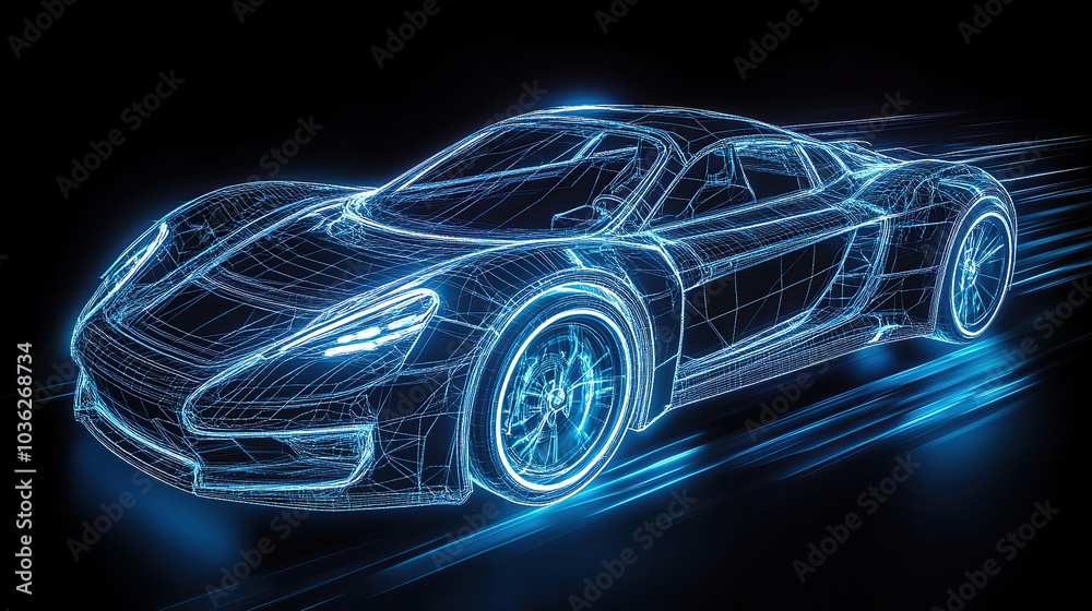 This is a wire-frame hologram of a car with blue light flashing on a black background This is a wire-frame hologram of a car with blue light flashing on a black background