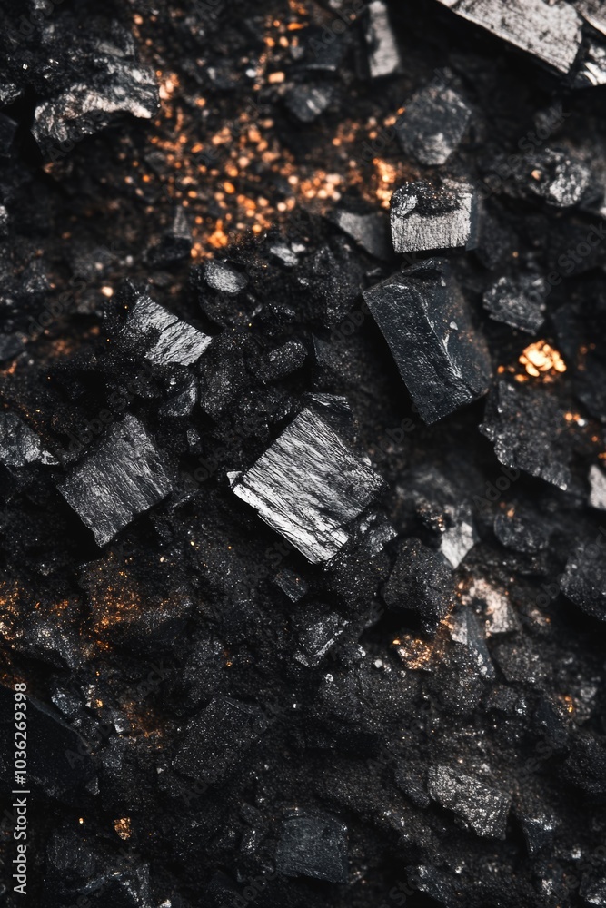 Fototapeta premium Black Crystals on Dark Surface with Sparkling Highlights