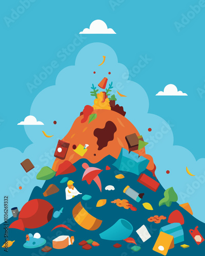 Huge piles of garbage teeter precariously forming this evergrowing island of trash that seems to defy the laws of nature.. Vector illustration