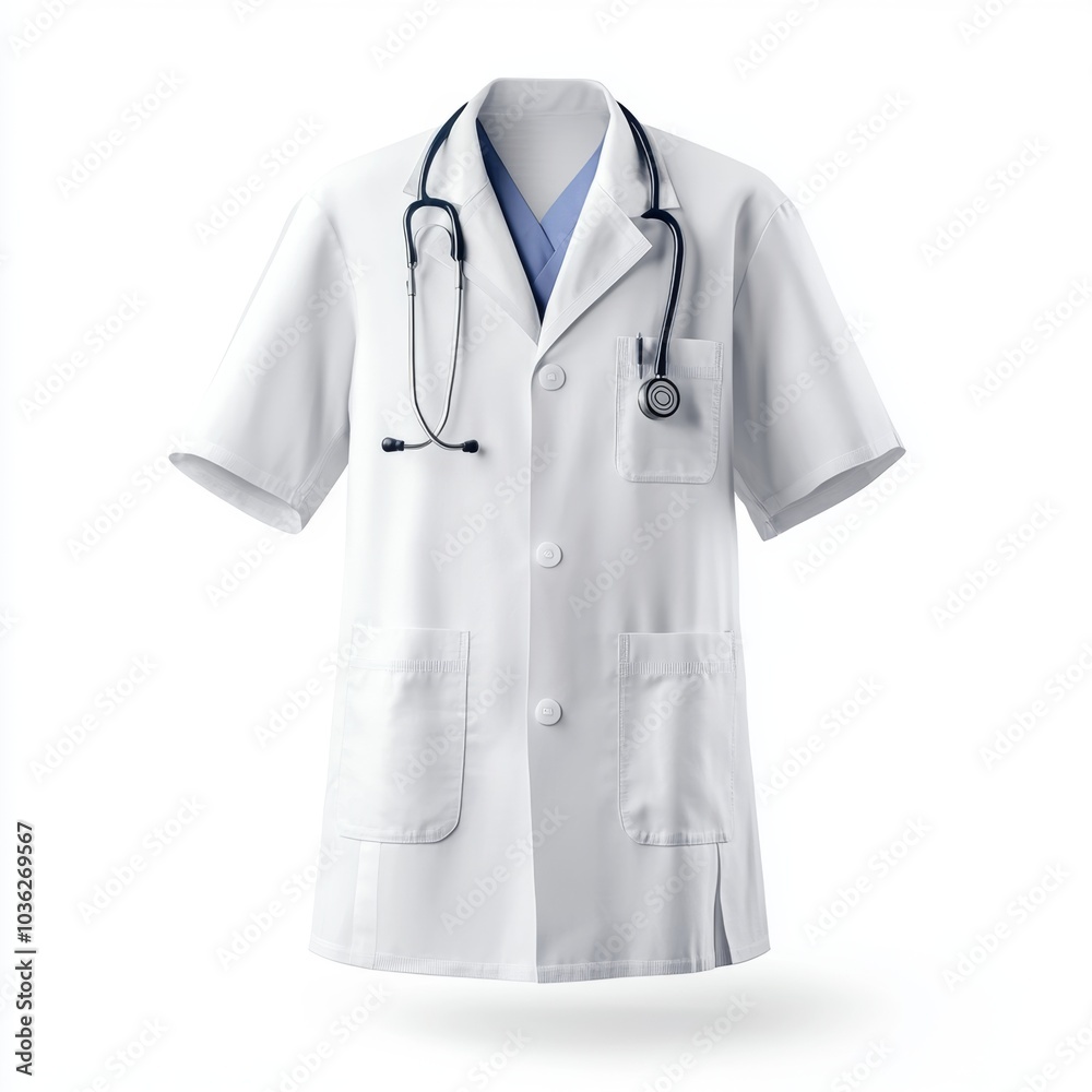 Medical Lab Coat with Stethoscope on White Background Medical Lab Coat with Stethoscope on White Background