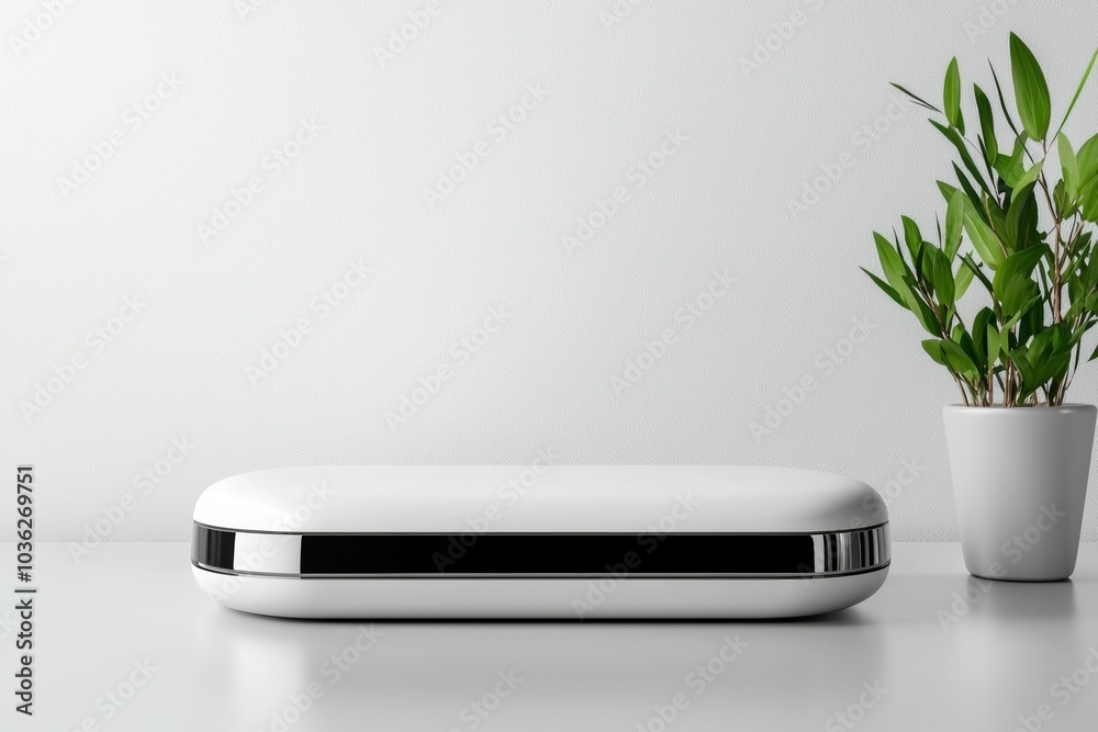 A white device sits on a table next to a potted plant A white device sits on a table next to a potted plant
