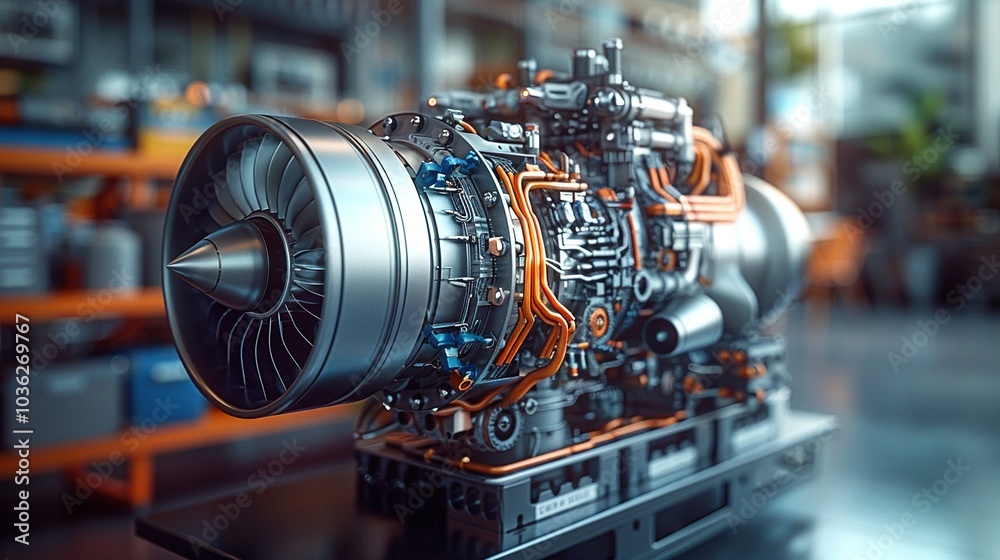 A detailed model of a jet engine showcasing engineering and design intricacies. A detailed model of a jet engine showcasing engineering and design intricacies.