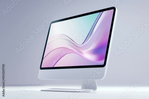 A white computer monitor with a purple background