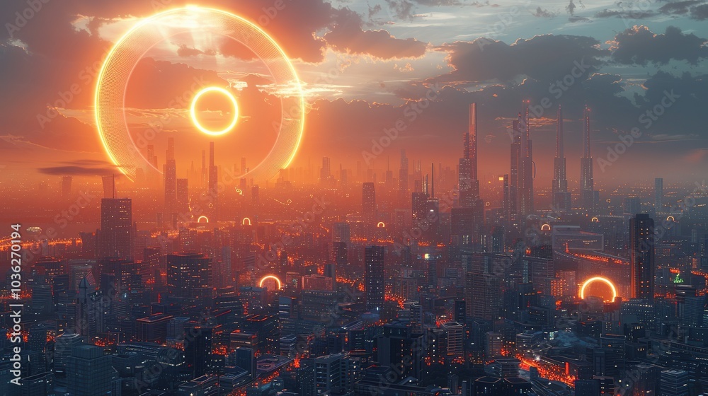 Obraz premium A futuristic cityscape at sunset with glowing rings and towering skyscrapers.