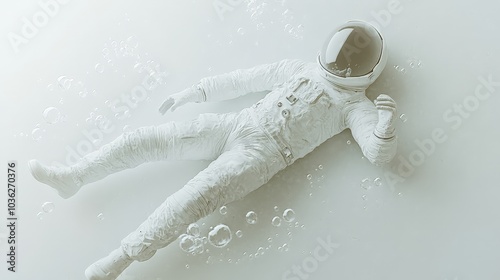 A full-body, hyper-realistic portrayal of an astronaut in a white suit, drifting in space with delicate bubbles floating around.  photo