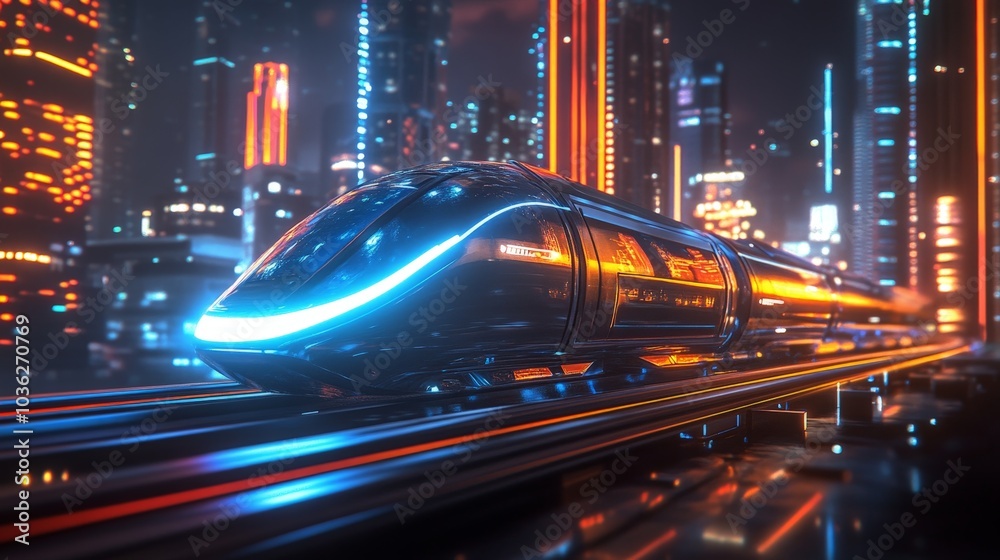 Fototapeta premium A futuristic maglev train speeding past an urban skyline at night, with neon lights reflecting off its smooth, streamlined body.