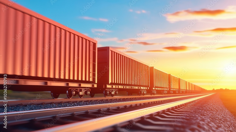 Fototapeta premium A vibrant red freight train chugs through serene countryside landscapes, surrounded by a soft, blurred backdrop.