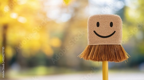 A cheerful cartoon broomstick with a bright smile, set against a soft, blurred background for a whimsical touch.