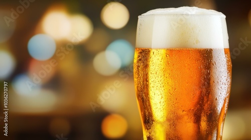 A refreshing pint of golden beer topped with creamy foam, set against a softly blurred background for added ambiance.