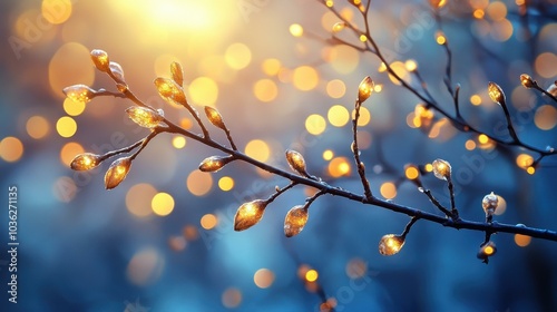 Experience the wonder of magical bokeh lights illuminating tree branches at night, creating an enchanting backdrop.