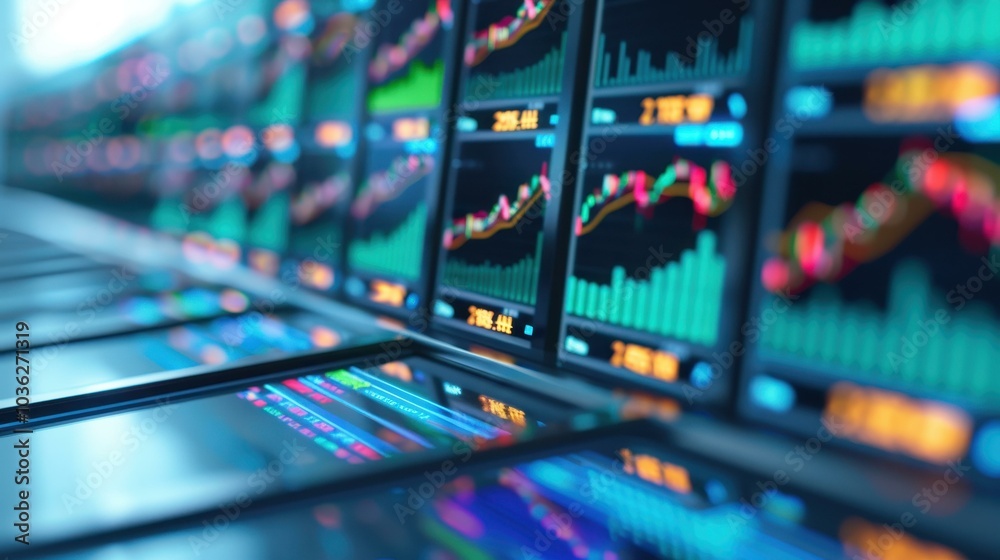 A sleek trading floor filled with screens, showcasing vibrant financial data against a deep blue backdrop. A sleek trading floor filled with screens, showcasing vibrant financial data against a deep blue backdrop.