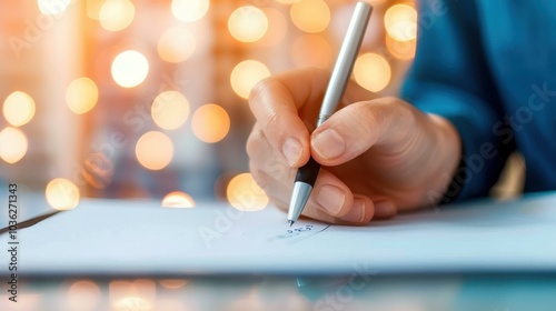 A professional in a blue suit finalizes a business deal by signing documents, with an office backdrop that emphasizes focus. photo