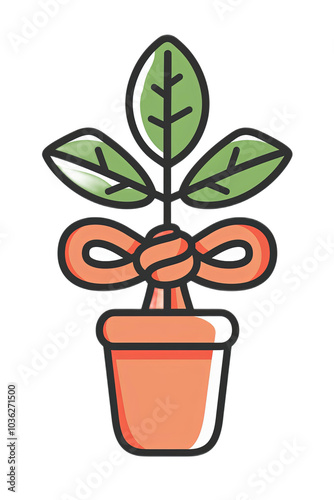 Cartoon Style Potted Plant with Bow Decoration