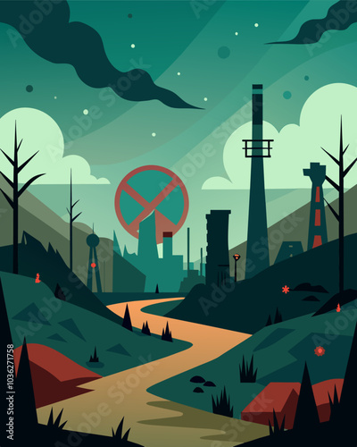 An eerie silence hanging over the area as the heavy pollution has driven away any signs of wildlife.. Vector illustration