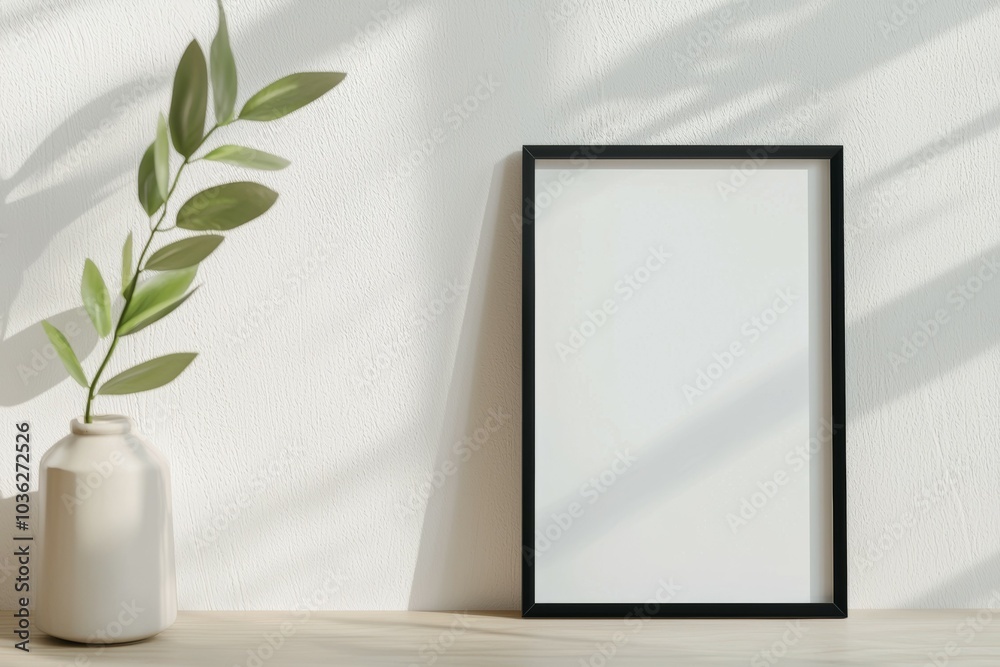 The empty frame and the vase create a sense of emptiness and simplicity The empty frame and the vase create a sense of emptiness and simplicity