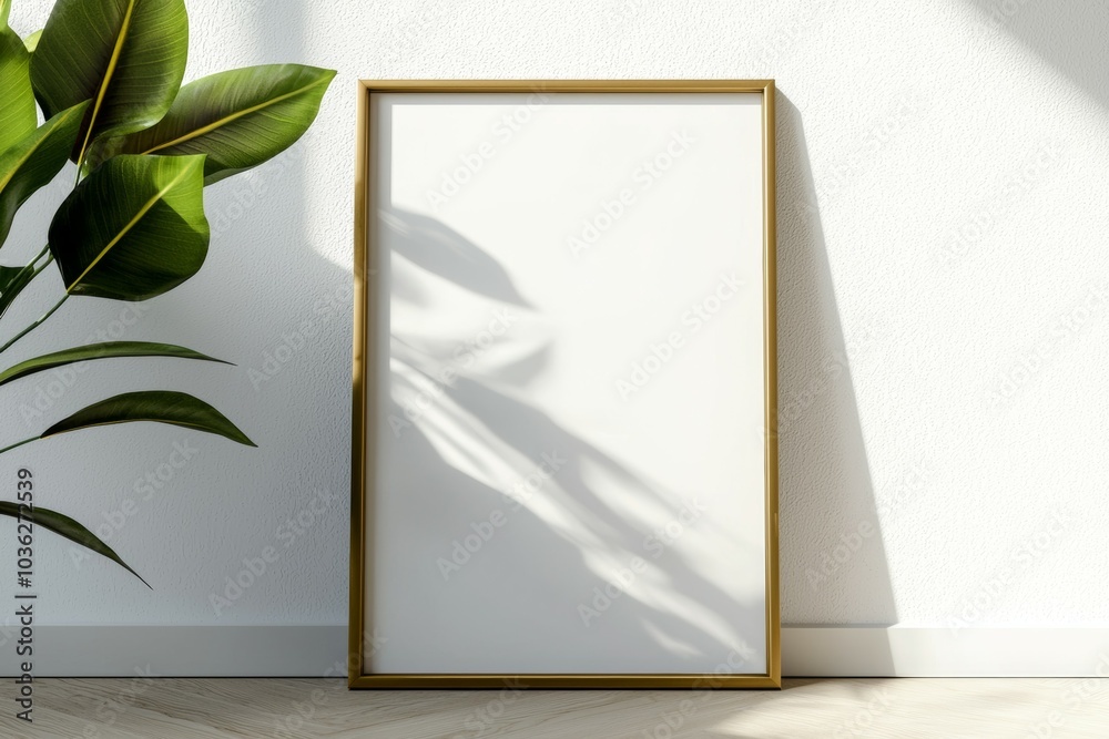A framed white picture sits on a wall next to a plant A framed white picture sits on a wall next to a plant