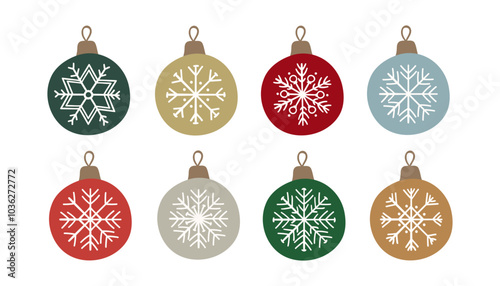 Collection of Christmas tree balls with snowflakes. Set of winter baubles in the flat style. 