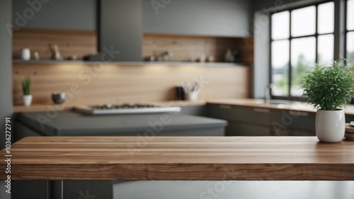 empty wooden dining table for food presentation in a kitchen near a window minimalist interior design