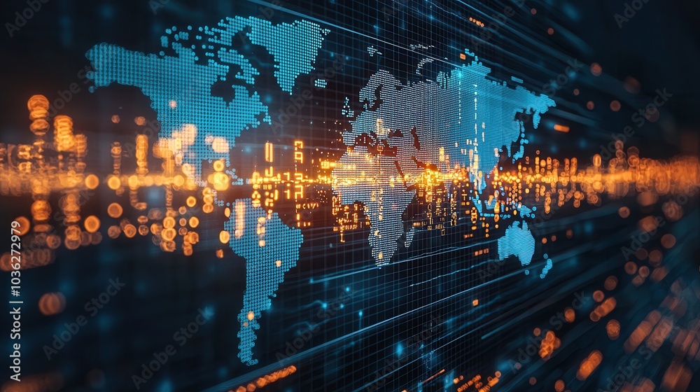 Naklejka premium Digital World Map with Connections and Data Points