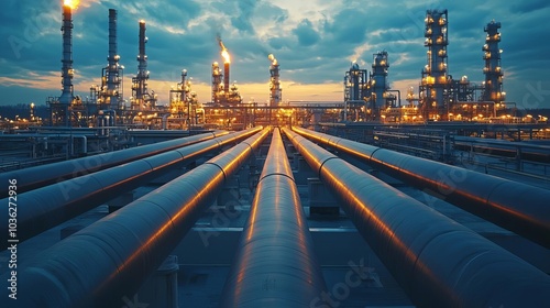 Fuel Processing Technology  Refinery pipelines stretching into horizon, intricate industrial network