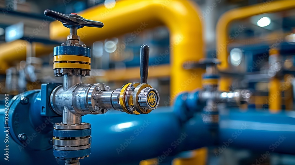 Fuel Processing Technology  Close-up of pipes and valves, oil refinery detail, intricate industrial system