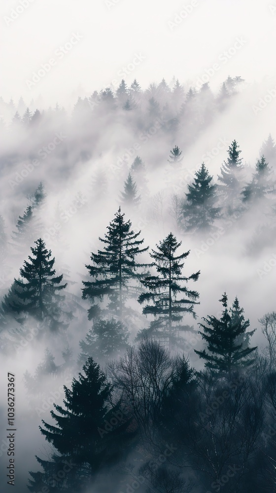 Misty Forest Landscape: Enchanting Pine Trees in Fog Misty Forest Landscape: Enchanting Pine Trees in Fog