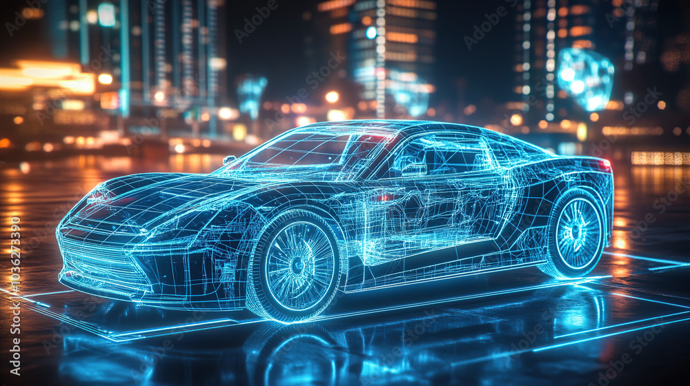 A detailed holographic rendering of an electric car, showcasing its intricate mechanical and energy systems with visible blue glowing lines A detailed holographic rendering of an electric car, showcasing its intricate mechanical and energy systems with visible blue glowing lines