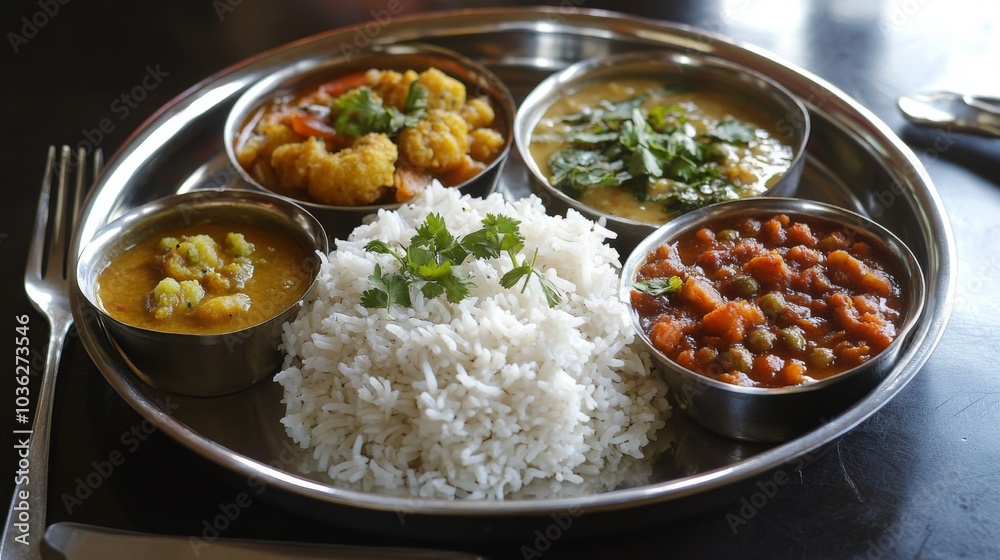 Delicious Indian Meal with Rice and Varied Curries Delicious Indian Meal with Rice and Varied Curries