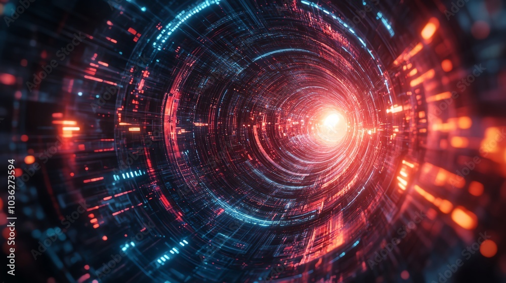 Abstract swirl of colorful digital particles and light spiraling inward. Abstract swirl of colorful digital particles and light spiraling inward.
