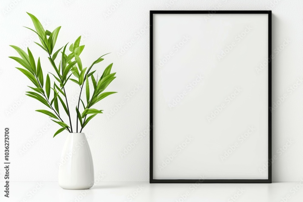A white vase with a plant in it sits on a table next to a black frame A white vase with a plant in it sits on a table next to a black frame