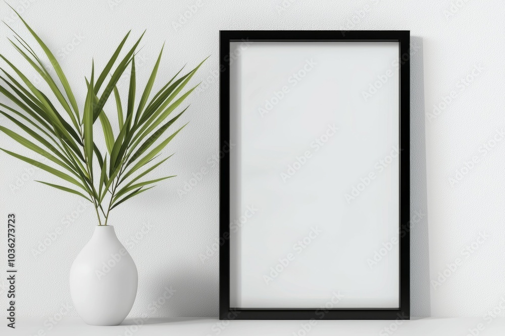 A black framed picture sits on a white wall next to a white vase A black framed picture sits on a white wall next to a white vase